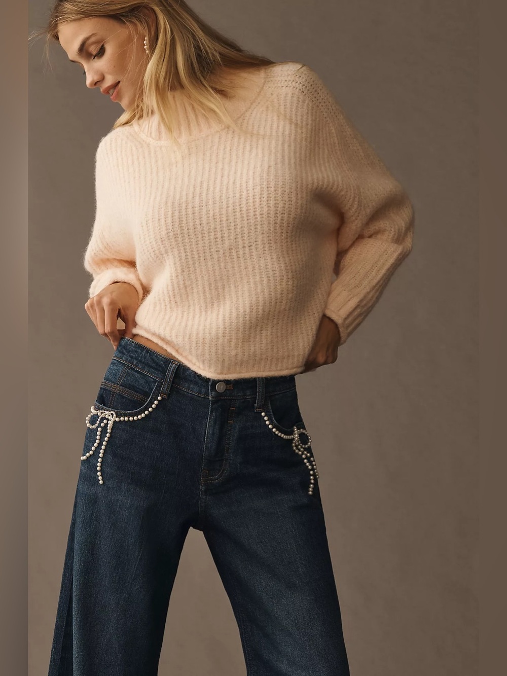Pilcro Pearl-Embellished Low-Rise Wide-Leg Jeans